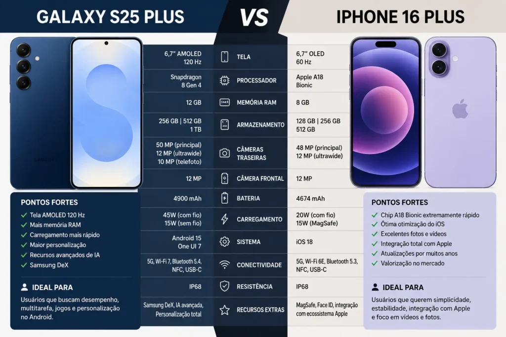 Galaxy S25 Plus e iPhone 16 Plus