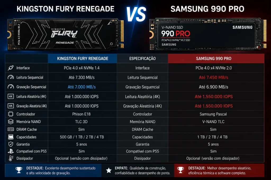 SSD Kingston Fury Renegade e do Samsung 990 Pro